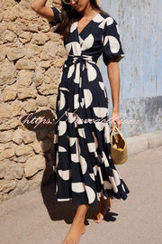 Unique Printed V-neck Puff Sleeves Tie Waist Midi Dress