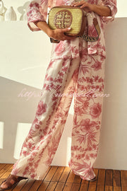 Linen Blend Botanical Print Loose-fitting Top and Elastic Waist Wide-leg Casual Pants Set