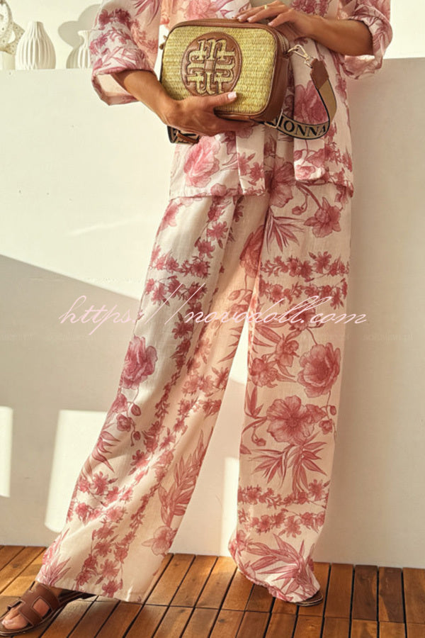 Linen Blend Botanical Print Loose-fitting Top and Elastic Waist Wide-leg Casual Pants Set