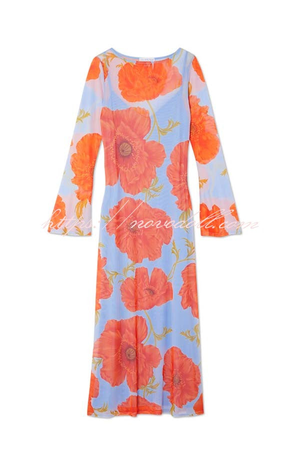 Perfect Cross-season Mesh Poppy Flower Print Long Sleeve Stretch Maxi Dress