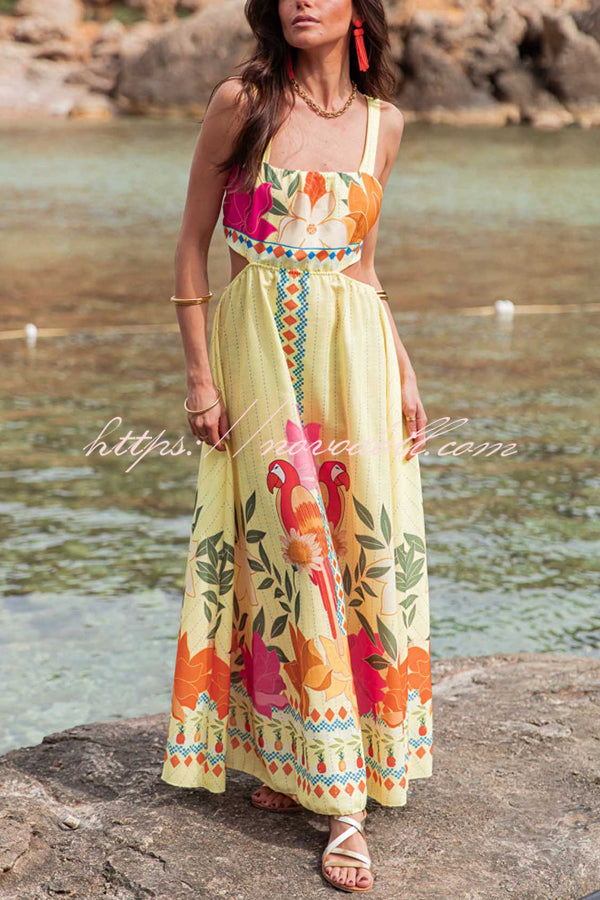 Resort Style Unique Print Sexy Square Neck Backless Waist Maxi Dress
