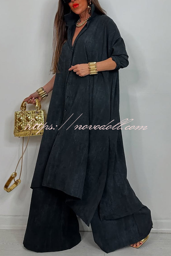 Solid Color Casual Loose Long Shirt and Elastic Waist Pocket Wide Leg Pants Set
