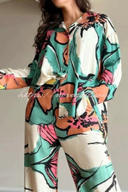 Unique Graffiti Print Casual Long Sleeve Shirt and Elastic Waist Pocket Straight Pants Set