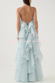 Free - Flowing Rose Detail Tiered Ruffles Halter A-line Maxi Dress
