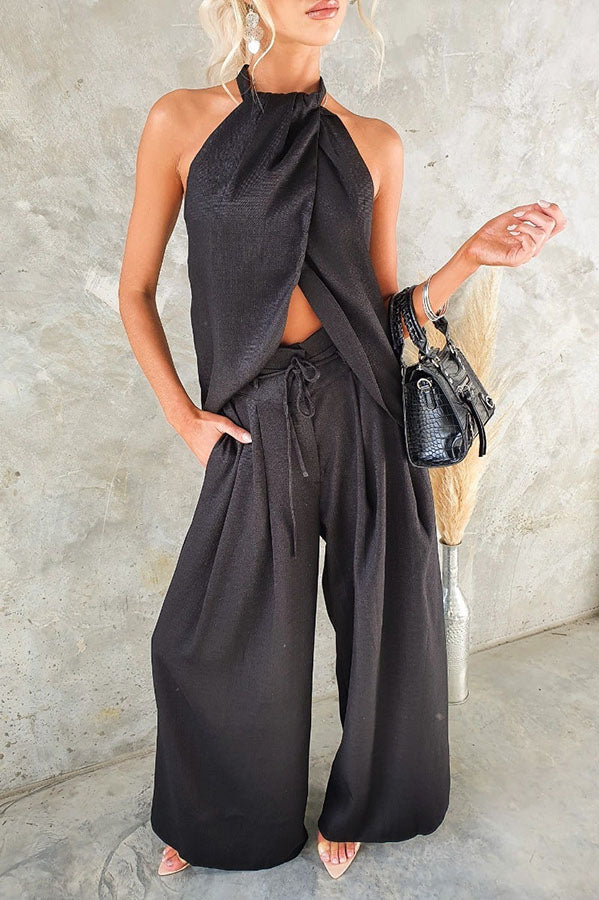 Gette Linen Blend Slit Front Top and High Rise Knoted Pocket Wide Leg Pants Set