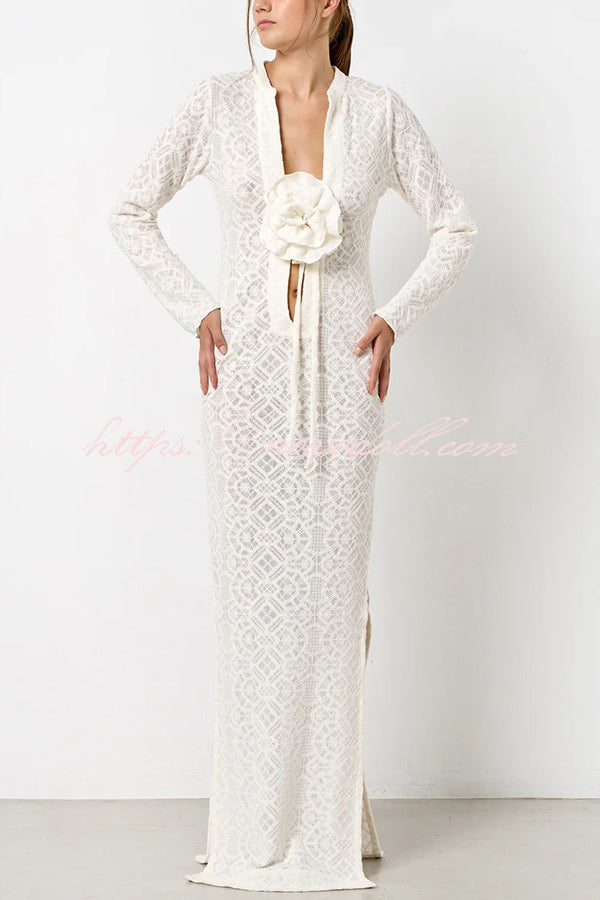 Spanish Breeze Lace Deep V-neck Removable Flowers Long Sleeve Slit Vacation Maxi Dress