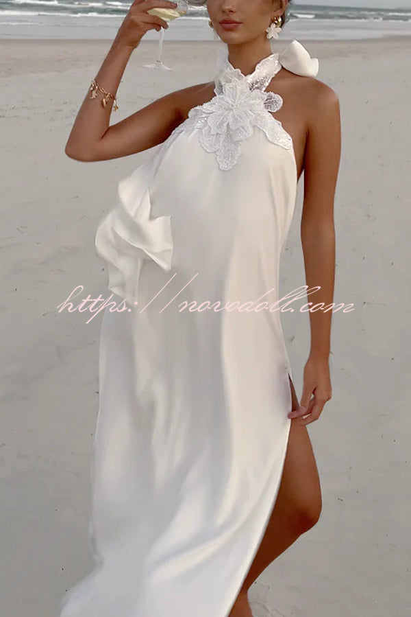 Floral Embellished Satin Halterneck Backless Resort Maxi Dress