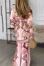 Unique Print Lapel Long Sleeve Tie Waist Shirt and Elastic Waist Pocket Wide Leg Pants Set