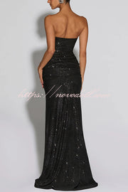 Paula Sequined Mesh and Jersey Off Shoulder Ruched Knot Drape Shawl Maxi Dress