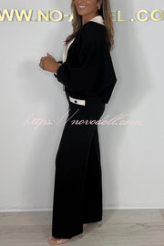 Fashion Contrast Color V-neck Loose Cardigan and Elastic Waist Casual Pants Set