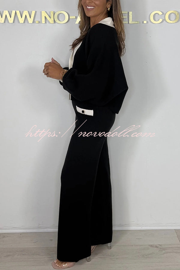 Fashion Contrast Color V-neck Loose Cardigan and Elastic Waist Casual Pants Set