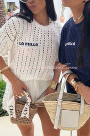 Fashionable Hollow Knit Short-sleeved Top and Elastic High-waist Casual Shorts Set