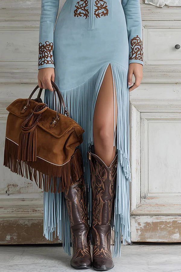 Fashionable Embroidered Fitted Long-sleeved Tassel Hem Maxi Dress