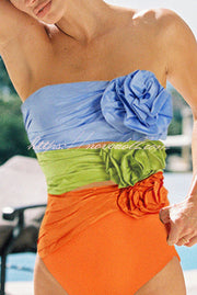 Fashionable Color-blocked Floral Decoration Hollow Stretch One-piece Swimsuit