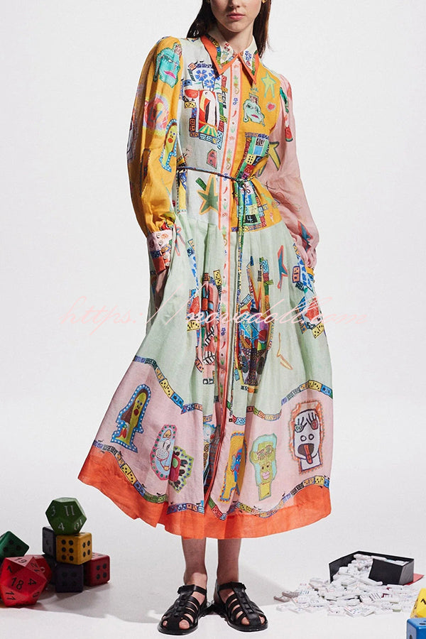 Set for Vacay Unique Print Colorblock Balloon Sleeve Belt Shirt Midi Dress