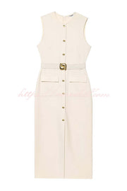Danina Button Up Sleeveless Metal Belted Pocket Stretch Midi Dress
