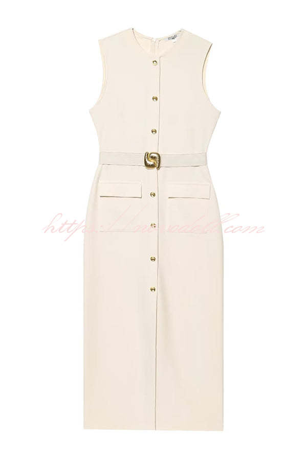 Danina Button Up Sleeveless Metal Belted Pocket Stretch Midi Dress