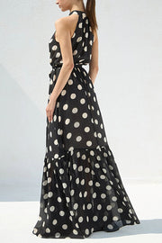 Charming Idea Polka Dots Belted Halter A-line Maxi Dress