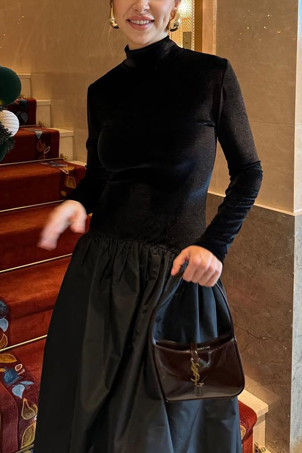 Solid Color Velvet Patchwork High Neck Long Sleeve Maxi Dress