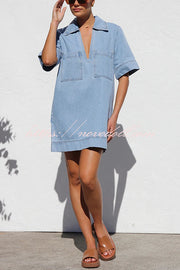 Amalie Light Denim Open Collar Pocketed Shift Style Mini Dress