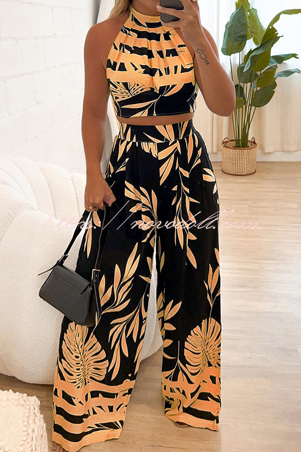 Botanical Print Halterneck Crop Top and Casual High-waist Wide-leg Pants Set