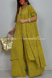 Solid Color Casual Loose Long Shirt and Elastic Waist Pocket Wide Leg Pants Set