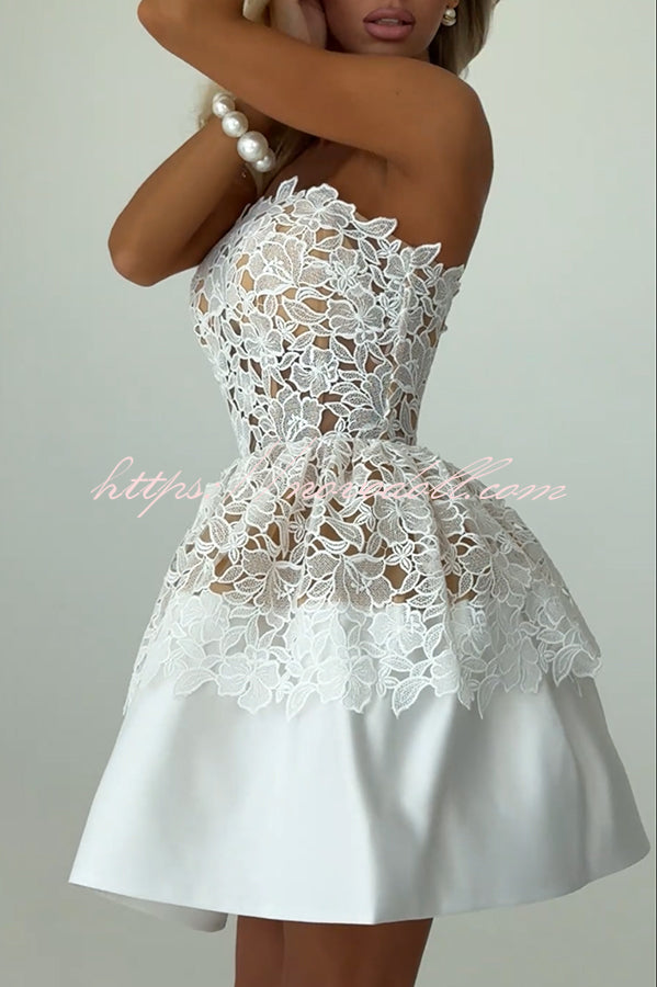 Angie Embroidered Floral Lace Patchwork Off Shoulder Tulip Hem Mini Dress