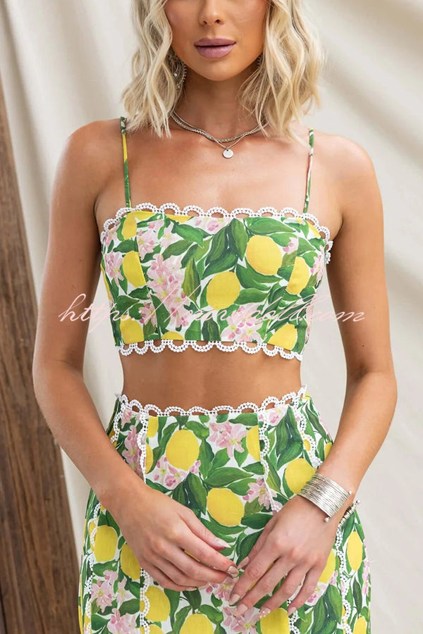 Linen Blend Summer Fruit Print Camisole Top and Elegant Lace Back Slit Maxi Skirt Set