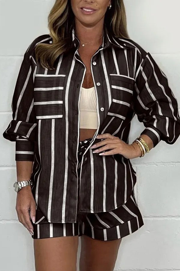 Stripe Print Lapel Long-sleeved Shirt and Elastic Waist Loose Shorts Set