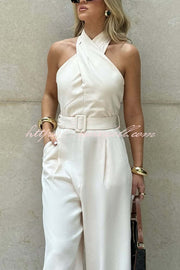 Solid Color Halterneck Sleeveless Waisted Casual Pocket Straight Jumpsuit