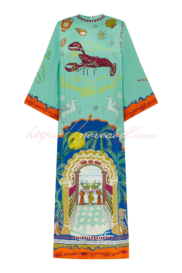 Satin Unique Print Long-sleeve Tie-waist Slit Maxi Dress