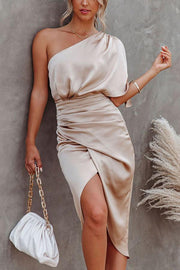 Glam Expectations One Shoulder Satin Drape Dress