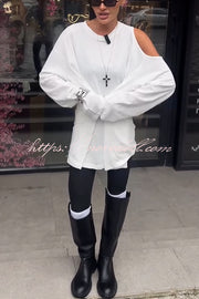 Various Ways Cutout Shoulder Long Sleeve Side Button Relaxed T-shirts