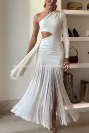 Amazing Type One Shoulder Cutout Drape Tassle Trim Stretch Maxi Dress