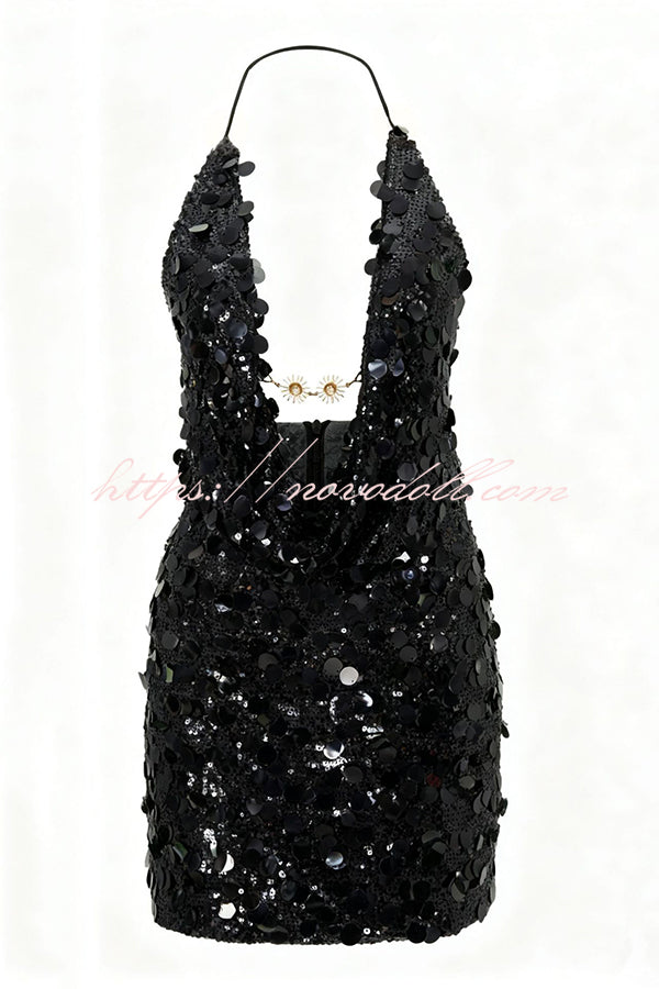 Sexy Halter Neck Sequined Open Back Mini Dress