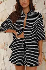 Stripe Print Lapel Short-sleeved Shirt Top and Elastic Waist Loose Shorts Set