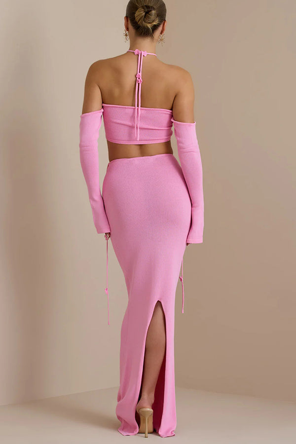 Solid Color Floral Tie Long Sleeve Top and Back Slit Knitted Cover-up Maxi Skirt Set