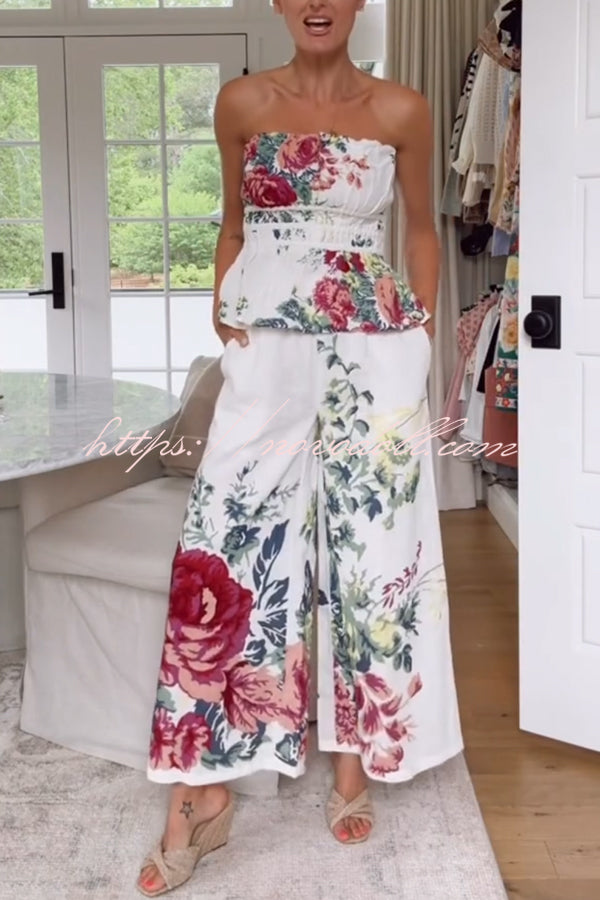In To The Summer Linen Blend Floral Print Elastic Bandeau and Elastic Waist Pocket Loose Pants Set