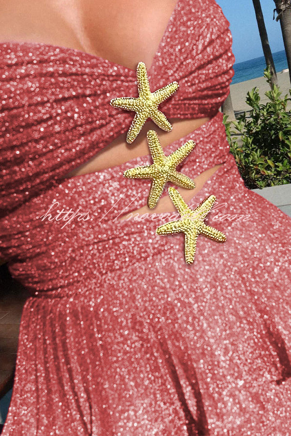 Little Mermaid Glitter Fabric Metal Starfish Hollow Layered Stretch One-piece Swimsuit