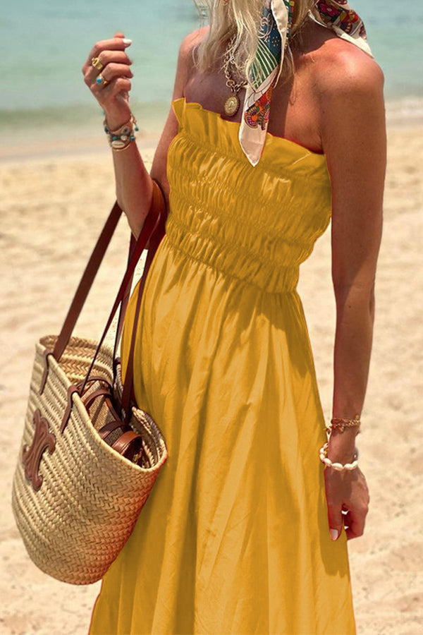 Phuket Sunsets Smocked Bust Off Shoulder Vacation Maxi Dress