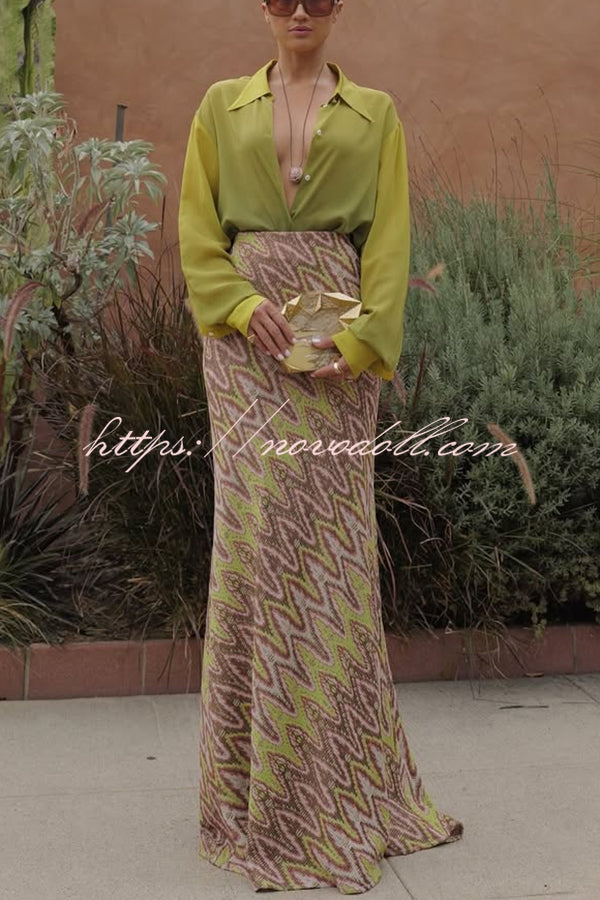Moonlit Waltz Knit Jacquard Zigzag Print High Rise Stretch Flare Maxi Skirt