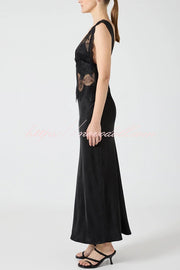 Wonderful Fusion Satin Lace Trim See-through Waist V-neck Drape Maxi Dress