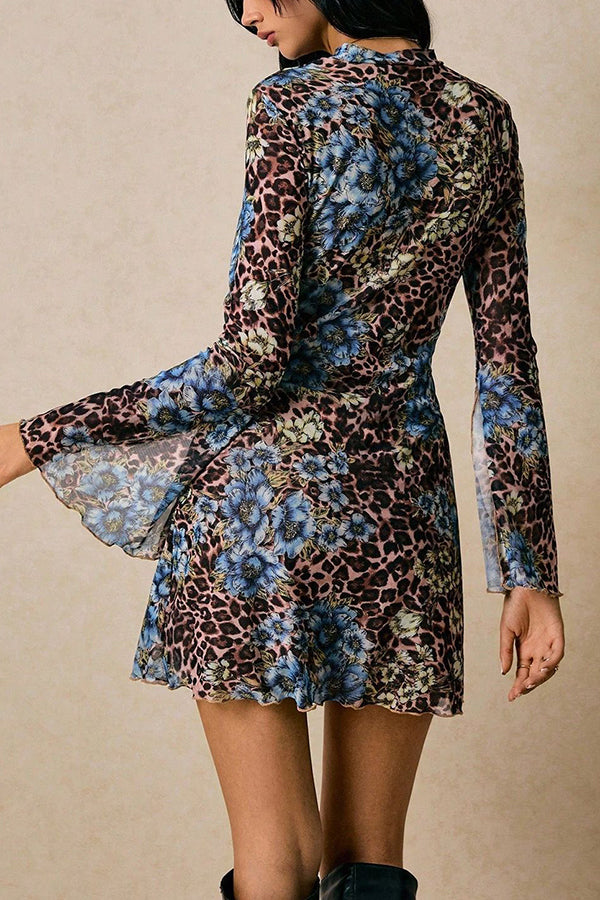 Floral Leopard Print Flared Long-sleeved Slim-fit Mini Dress