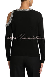 Holiday Party Knit Crystal-Embellished Cut-out Shoulder Long Sleeve Top