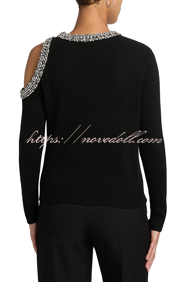 Holiday Party Knit Crystal-Embellished Cut-out Shoulder Long Sleeve Top