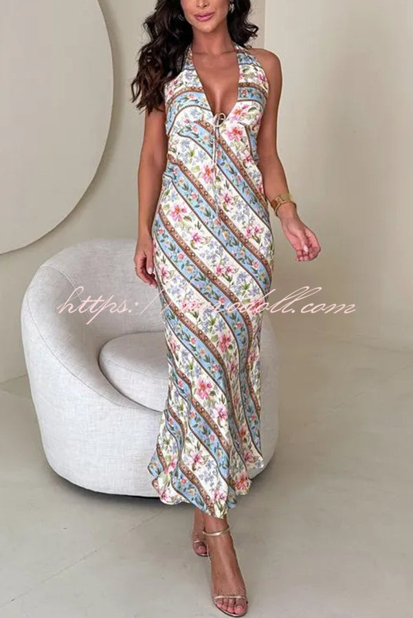 Garden Goddess Unique Colorblock Floral Print Halter Backless Maxi Dress