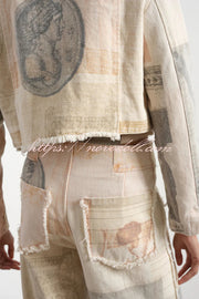 Historic Imagery Unique Print High Rise Pocketed Wide Leg Jeans