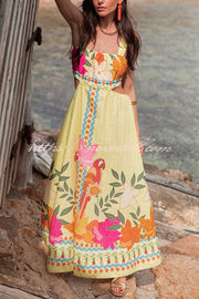 Resort Style Unique Print Sexy Square Neck Backless Waist Maxi Dress