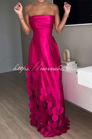 Luxurious Poise Satin Spliced mesh Polka-dot Fabric Off Shoulder Formal Maxi Dress