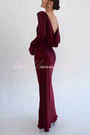 Satin Elegant Long-sleeved Open-back Slim-fit Slit Maxi Dress